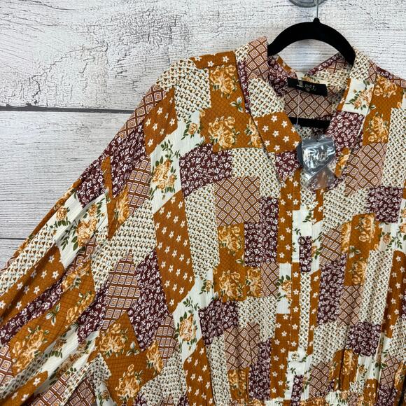 Meritt Plus Size Floral Fall Orange Tan Waisted Midi Dress Size 3XL - Picture 5 of 12